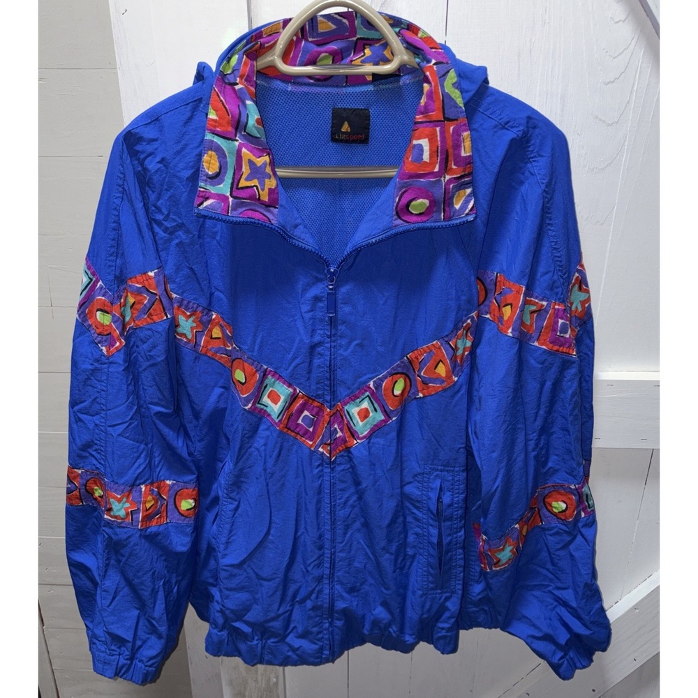 Vintage Liz Sport Women's Large Hooded Windbreaker Jacket Blue Geometric Print
